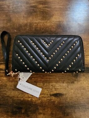 Couture Gems Black With Gold Studs Fashion Wallet Wristlet. Double Zip